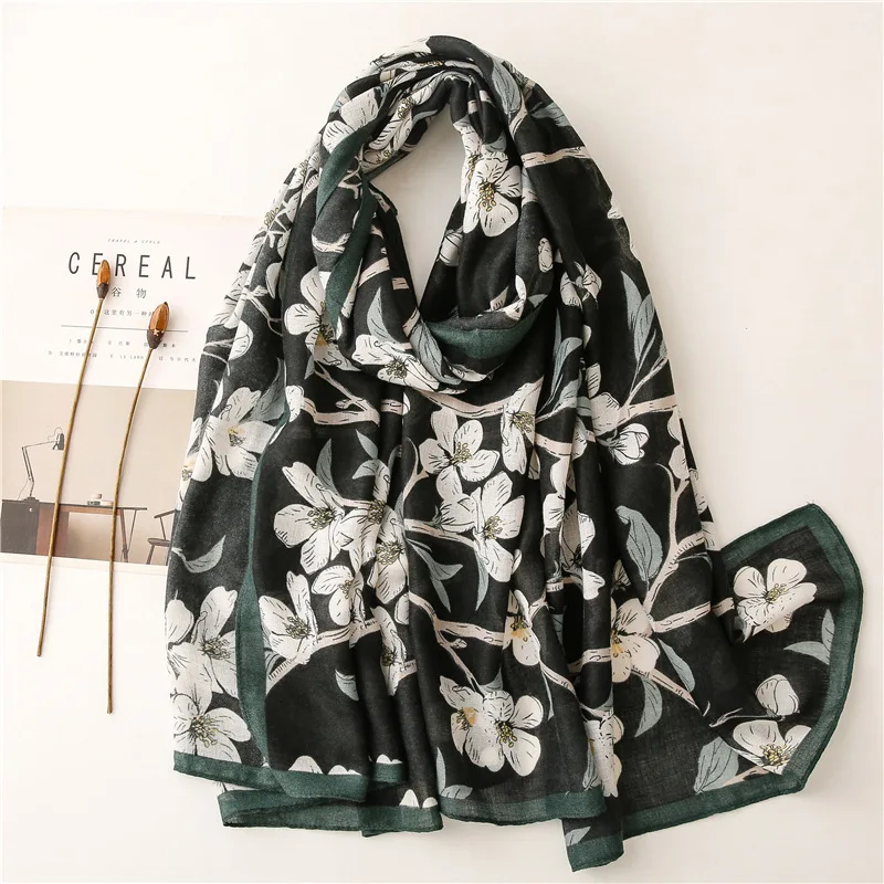 Lightweight Women Fashion Floral Plaid Printed Scarf Winter Fall Warm Scarves Houndstooth Cape Shawl Cotton Viscose Tassel Stole