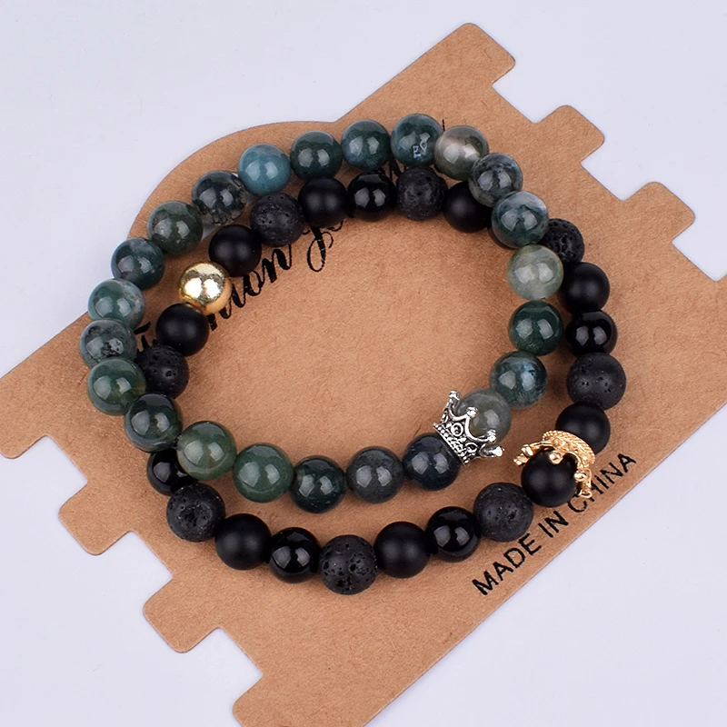 2pcs Charm Paired Bracelets Men Sets Crown Women\'s Bracelets Natural Stone Beads Wristband Couple Bracelet Gifts Friends Jewelry