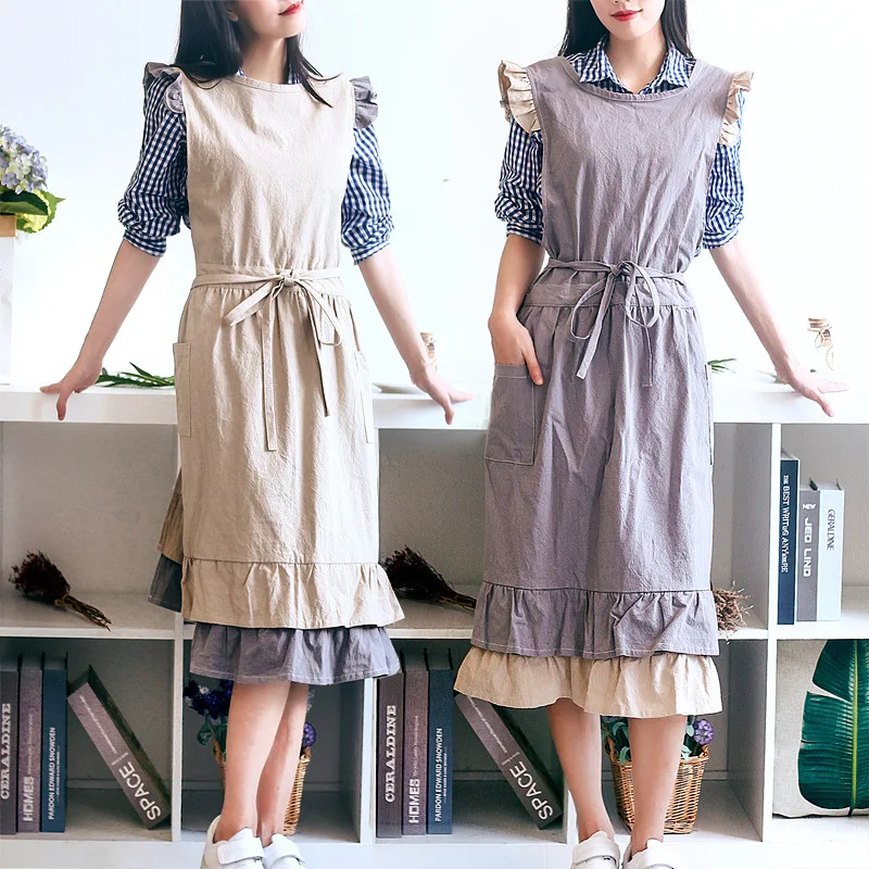 Long apron cute cotton and linen ruffled over the knee home full body kitchen lengthened overalls