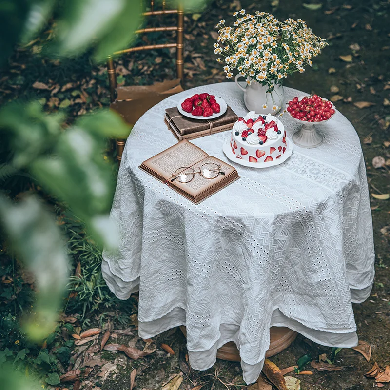 Lace Tablecloth Nordic French Round Table Tea  Table Cover White Small Fresh Hollow  Embroidered Tablecloth Advanced Feelin