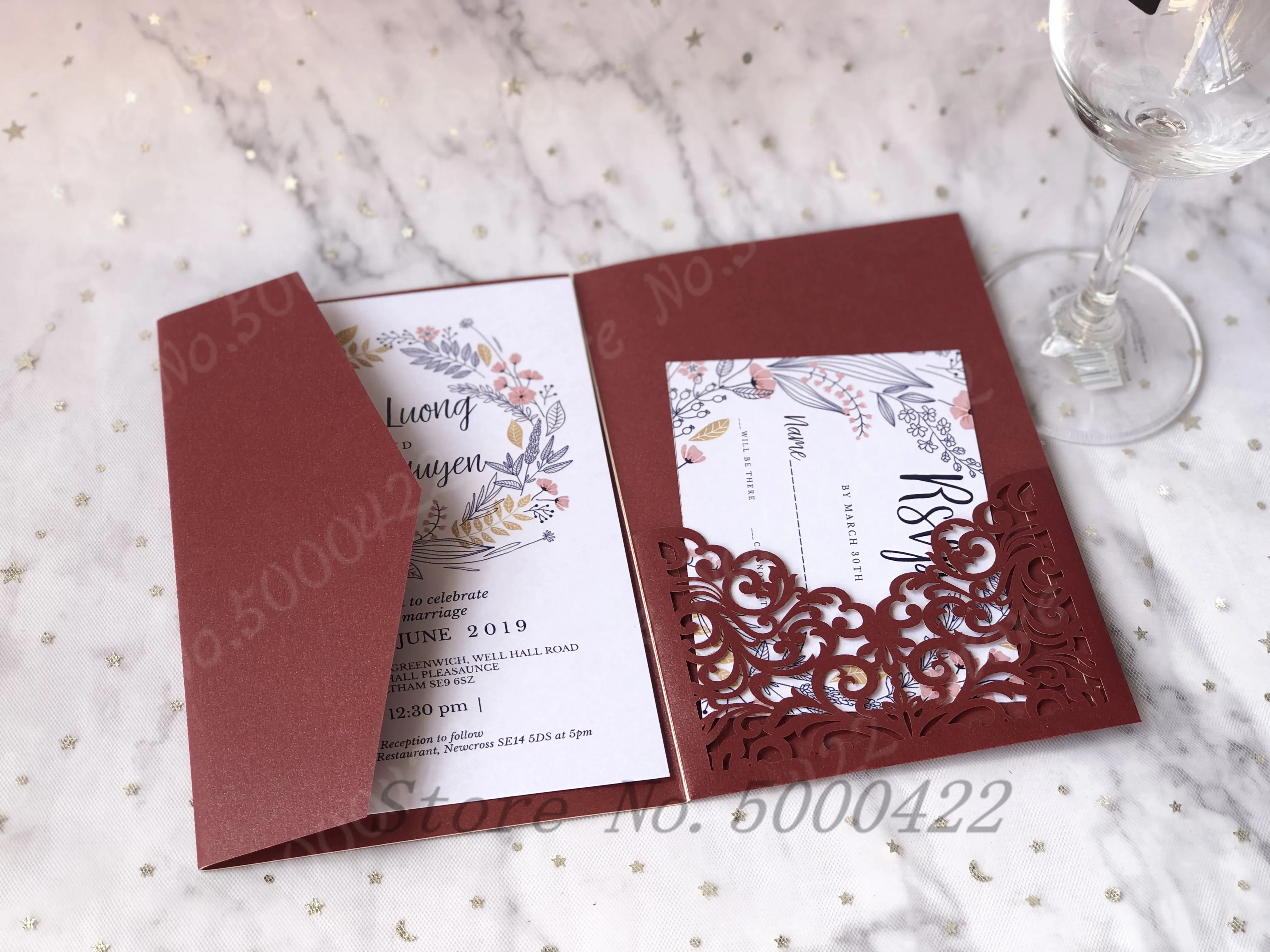 

50pcs Tri-fold Invitations Cards Laser Cut Pocketfold Wedding Invitation Cards Greeting Cover Event banquet Invitation Card