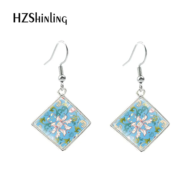 2020 New Fashion Rhombus Hook Earrings Stainless Steel Vintage Flowers Painting French Hook Earrings Dangle Drop Earrings