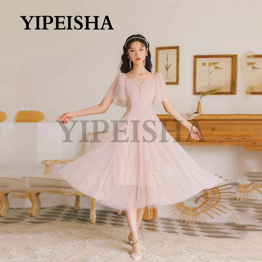 

Glittery V-Neck A-Line Evening Dresses Tulle Bow Short Sleeve Button See-Through Prom Gown vestidos de fiesta robes soirée