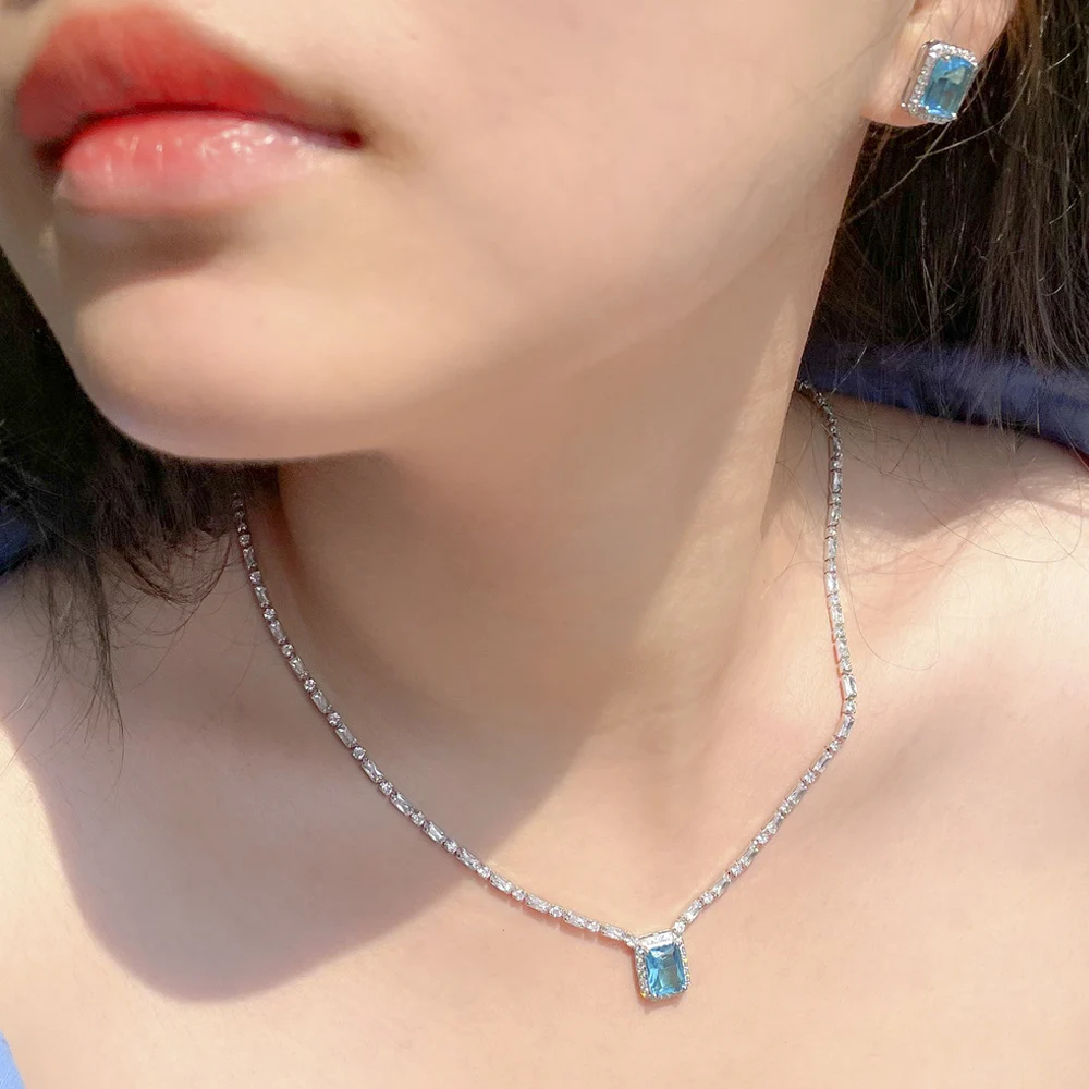 ThreeGraces Elegant Shiny Light Blue Cubic Zirconia Square Stud Earrings and Necklace Set for Women Party Costume Jewelry TZ645