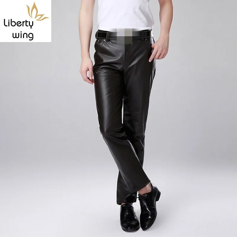 Men Luxury Cowskin Motorcycle Large Size Straight Genuine Leather Trousers New Warm Slim Fit Business Casual Pants