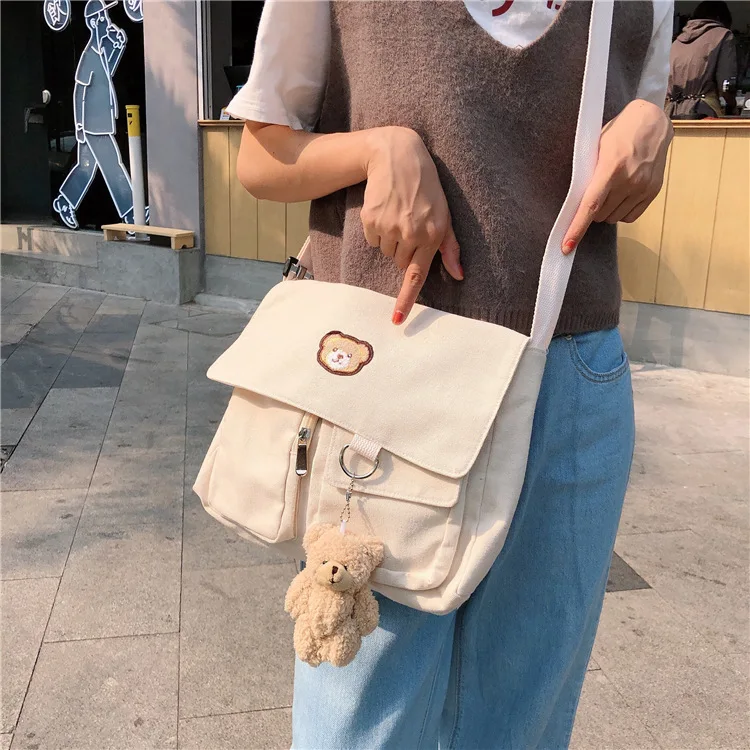 

Vintage bear student canvas messenger bag Harajuku chic girl shoulder crossbody bag black/white Cotton Cloth Fabric Shopping Bag