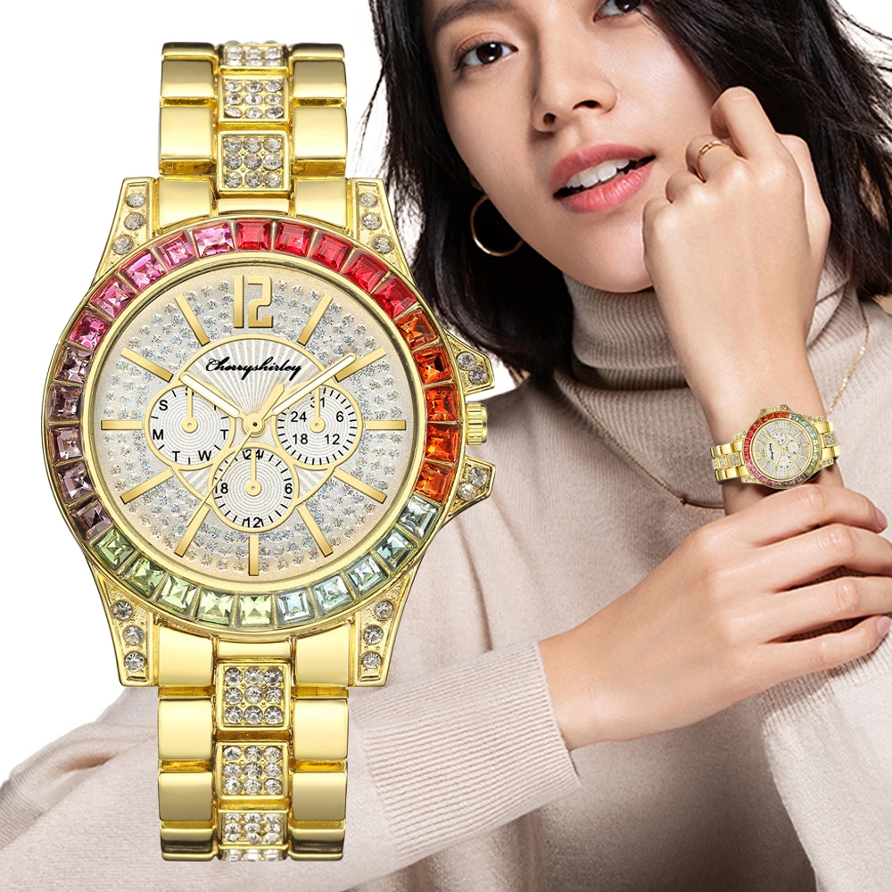 Fashion Women Stainless Steel Strap Watches Female Luxury Gold Colorful Diamond Round Dial Watch Ladies Fashion Wristwatches