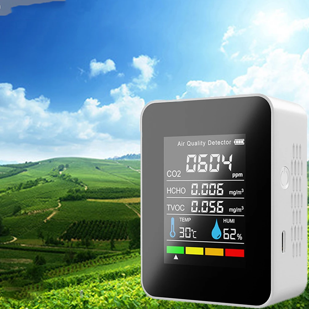 Portable CO2 Meter 5 in 1 CO2 Detector Digital Semiconductor Sensor CO2 Meter Temperature Humidity Indoor Air Pollution Monitor