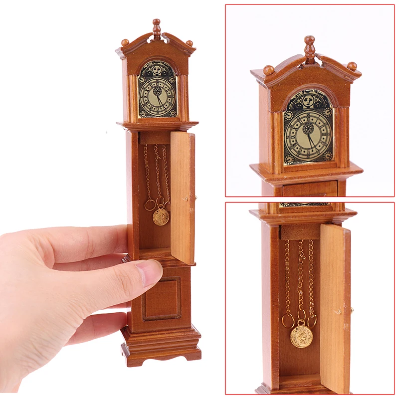 1Set 1/12 Dollhouse Miniature Retro Grandfather Clock Living Room Wooden Floor Clock Model Furniture Accessory For Kid Children