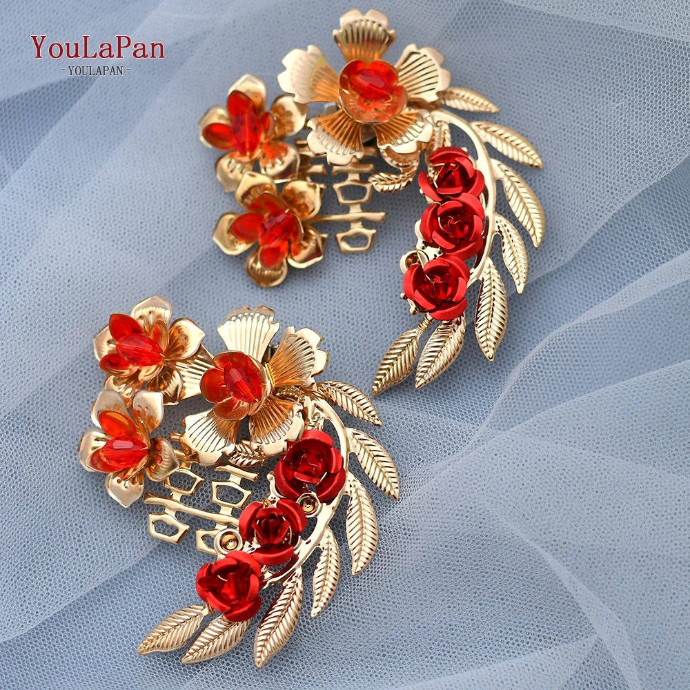 YouLaPan X28 Bride High Heels Clips Chinese Wedding Shoes Buckle Alloy Flower Shoes Clips Accessories Red Rose Shoe Buckle