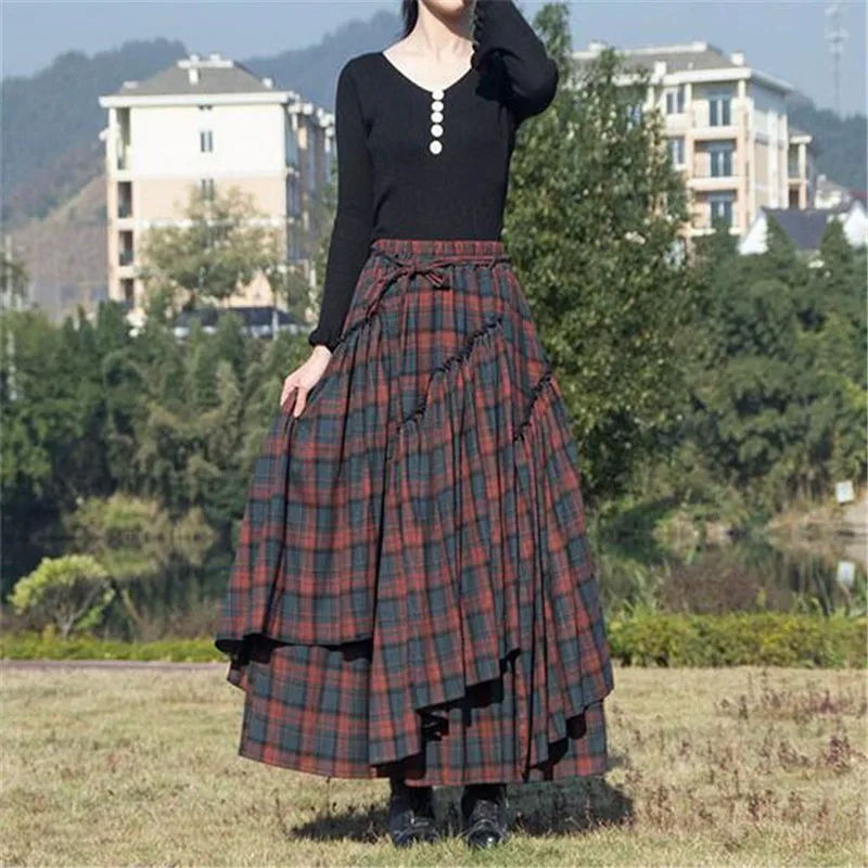 Women\'s Skirt 2022 Spring Autumn Winter New Plaid Skirts Elastic Waist A-Line Retro Elegant Swing Skirts Female Dance Clothes