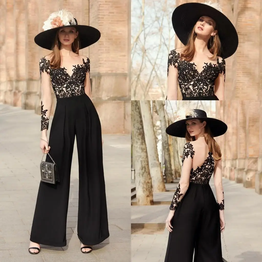 

Black Evening Jumpsuit Prom Wear Lace Applique O Neck Long Illusion Sleeves Formal Prom Wide-leg Trousers Appliquéd Print Top