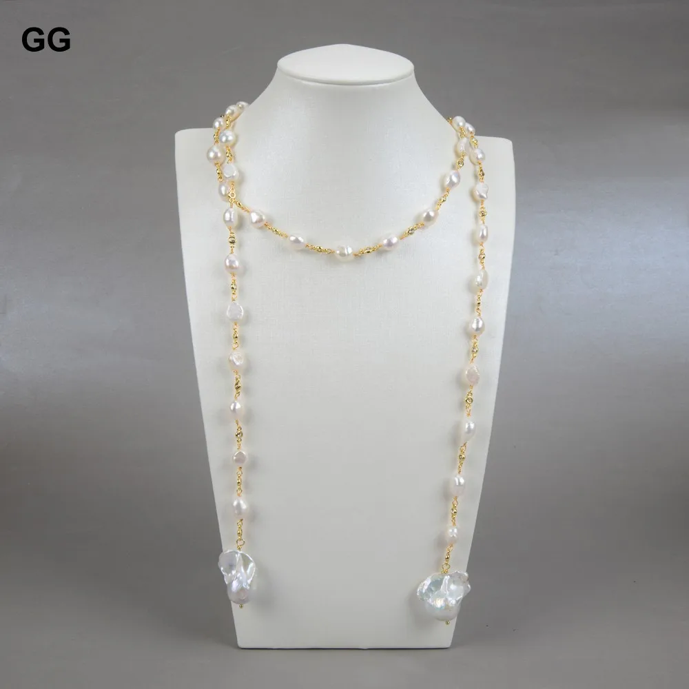 128cm Freshwater White Keshi Pearl white baroque pearl Mixed Color Cubic Zirconia Pave Chain Long Necklace women jewelry