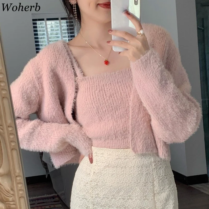 Woherb Women Mohair Two Piece Set Korean Spring Autumn Crop Tank Strap Vest + Thin Long Sleeve Knitted Cardigan Pull 2024 Chic