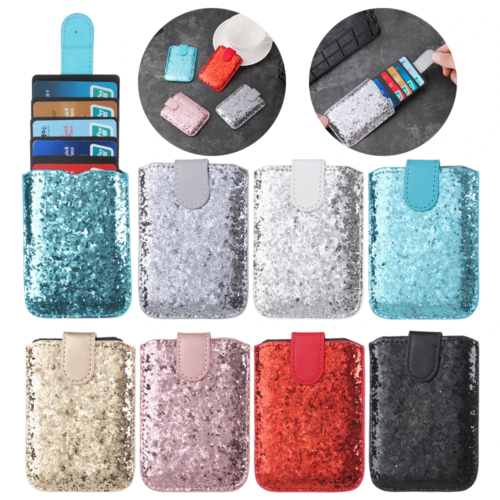 1Pcs Hot RFID Blocking Credit Card Holder 5 Pull Sequins Card Sleeve Stick Adhesive Sticker Universal Cell Phone Wallet Case