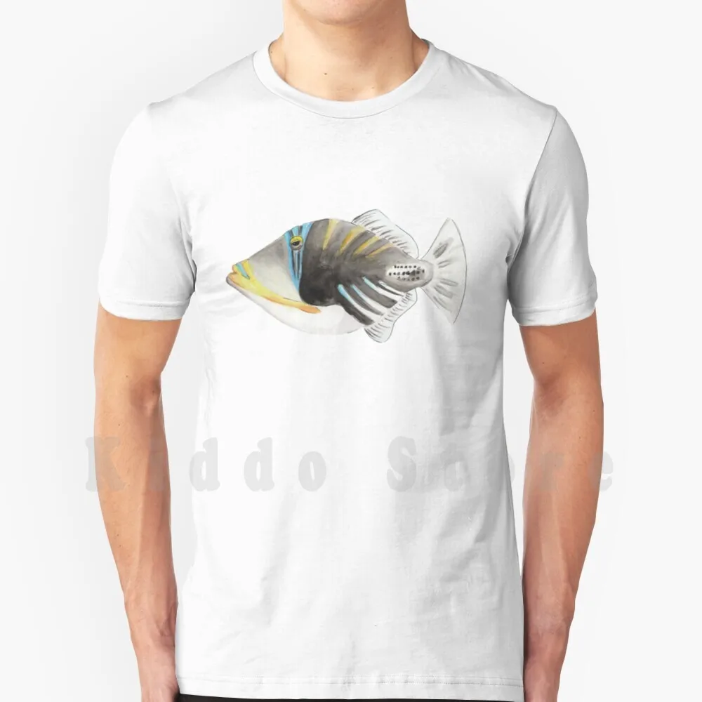 Saltwater Reef Picasso Triggerfish In Watercolor T Shirt Print For Men Cotton New Cool Tee Picasso Blackbar Trigger Fish