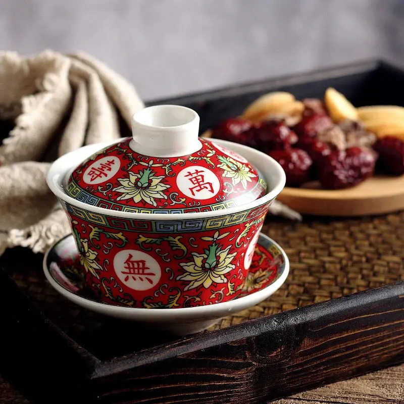 Traditional Chinese Jingdezhen Ceramic Tureen Porcelain Gaiwan Red Tea Cup Drinkware Bowl Longevity