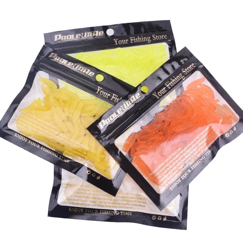 50 or100Pcs Fishing Lure Lifelike Worms Maggot Grub Soft Bait Silicone Artificial Bait Breadworm Smell Shrimp Additive Bass Carp