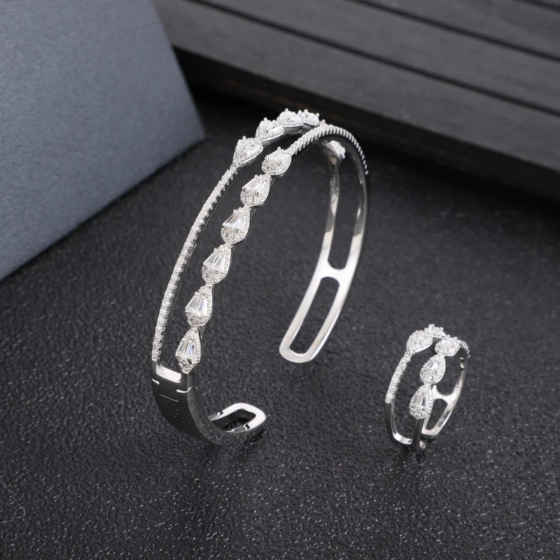 

Luxury Water Drop 2Line Bangle Ring Sets Fashion Dubai Bridal Jewelry Sets For Women Wedding brincos para as mulheres FG100495