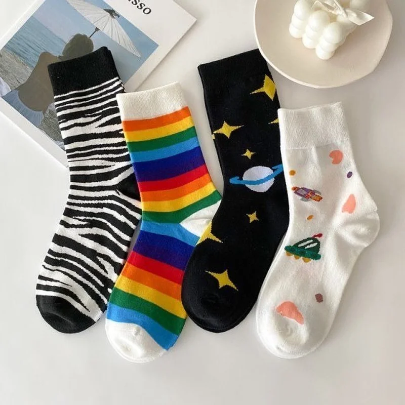 Socks Women Breathable Cute Cotton Ins Lady Soft High Elasticity Kawaii Casual Striped Fashion Daily Spring Middle Tube Harajuku