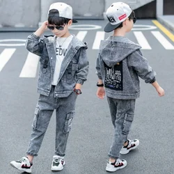 Boys spring and autumn denim suit new big boy Korean version of the trend of two-piece fashion jacket + pants 2-piece set