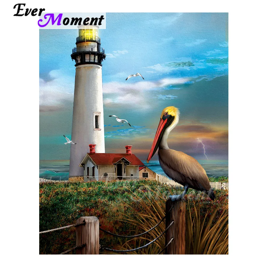 Ever Moment Diamond Painting Lighthouse Pelican Full Square Drill Picture Of Rhinestone Diamond Embroidery Decoration ASF1989