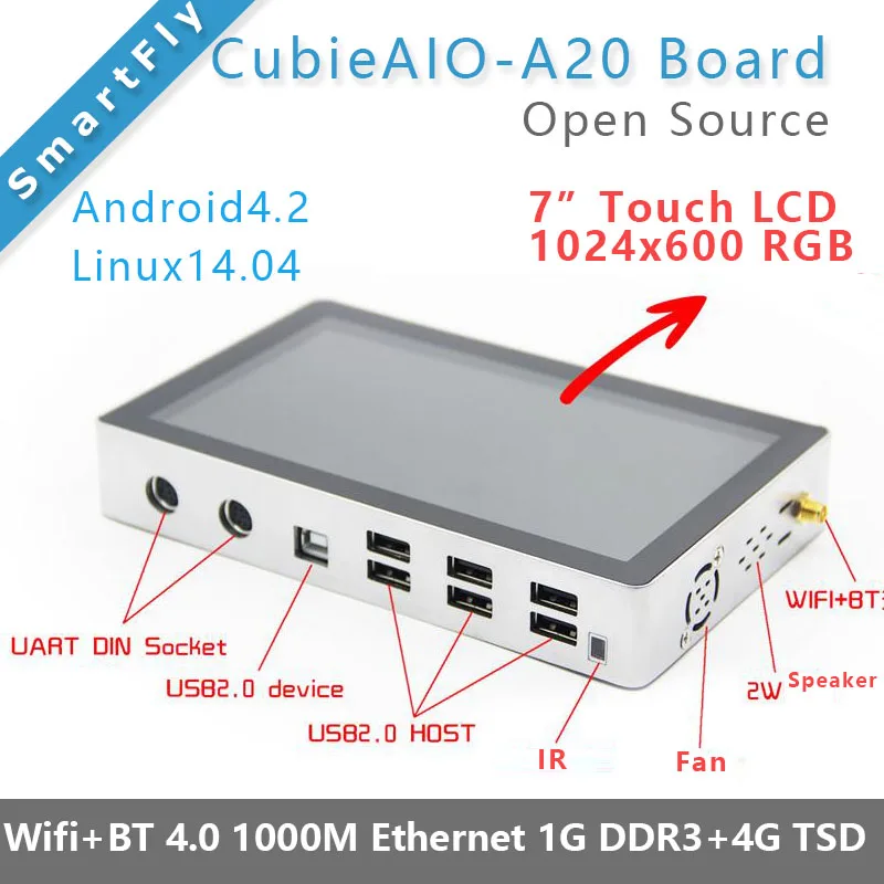 Cucorriaio-mini box a20 multifuncional, com lcd de 7 polegadas, código aberto, android, linux, uart x4, usb, x6, allwinner a20, mesa de desenvolvimento braço