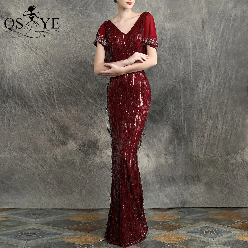 Burgundy Tassels Evening Dresses Hot Drill Batted Short Sleeves Mermaid Prom Gown V Neck Backless StretchLong Formal Party Dress