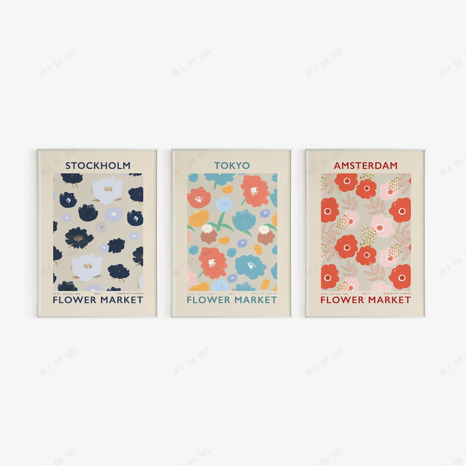Flower Market Poster - Art Set of 3 - Stockholm, Tokyo , Amsterdam - Floral Printable Wall Art - Instant Digital Download