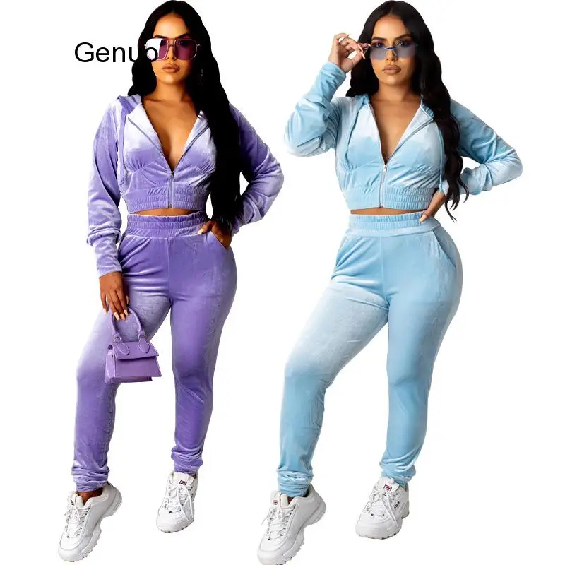 

Famale Autum Velvet Suit Long Sleeve Cropped Jacket Trousers Casual Women Purple Blue Loose Sporty Set Velour 2Ps Matchig Set