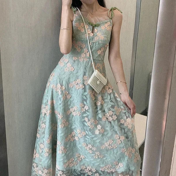 Summer Women Matcha Green Sweet Fairy Dress French Vintage Platycodon High Waist Victoria Hepburn Dress New Femal Soild Dresses