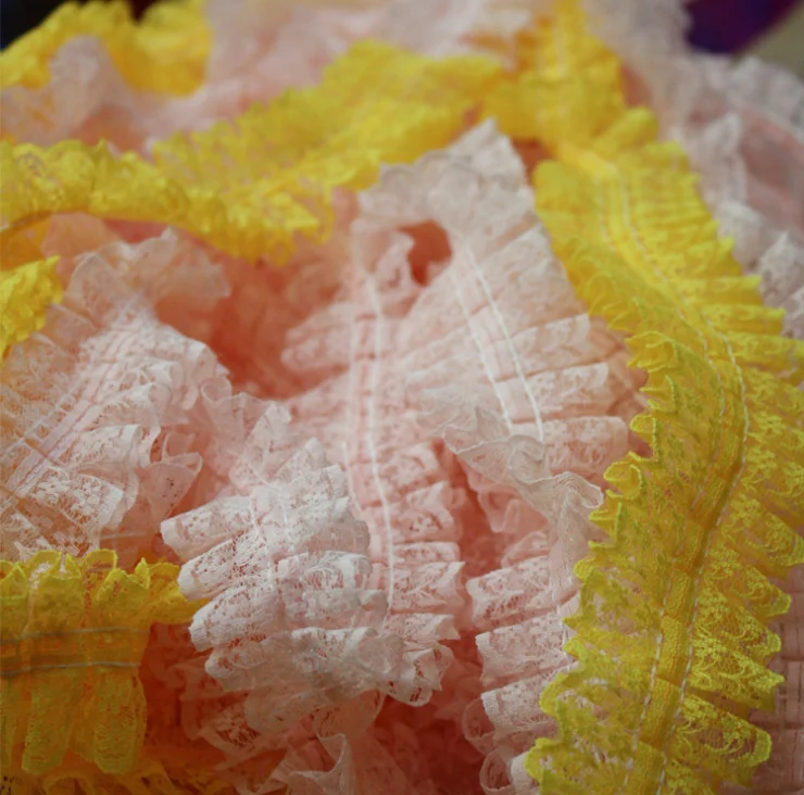 30Yards 4.5cm Chiffon Pleated Trim Ruffle Lace Ribbon DIY for Wedding Dress Yellow White Fabrics Accessories