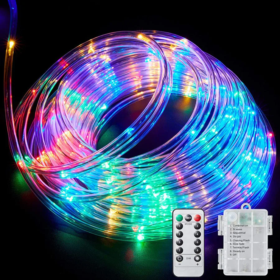 5/10/20/30M Christmas LED Tube Strip Light With Remote Outdoor Rope Fairy String Light AA Battery Garden Fence Tree Wrap Garland