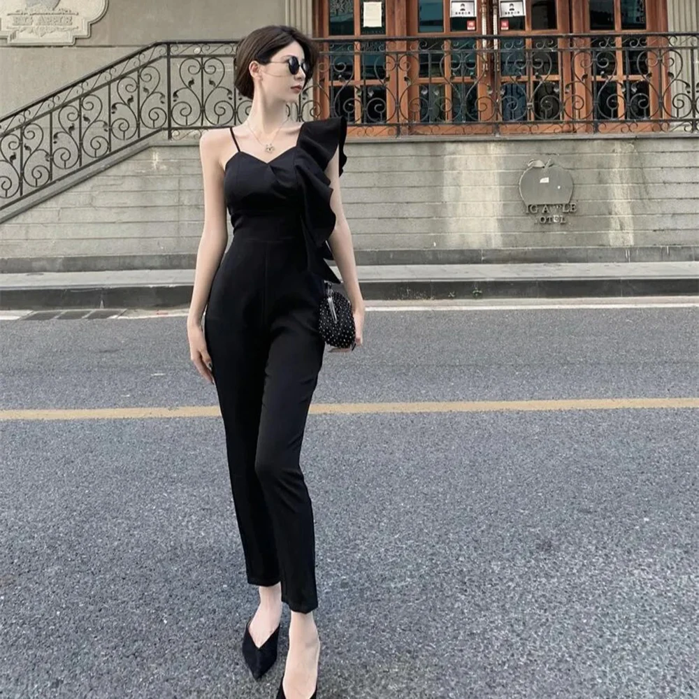 Elegant Spaghetti Shoulder Strap Jumpsuit Women Summer Ruffle High Waist Rompers Office Lady Slim Temperament Jumpsuit Party New