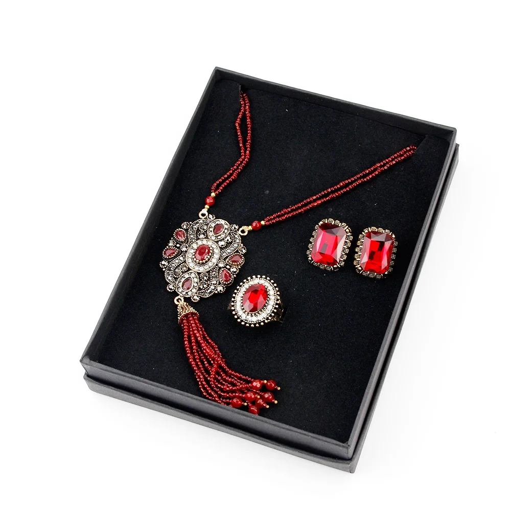 Sunspicems Elegent Red Crystal Wedding Jewelry Sets Beads Necklace Ring Stud Earring for Women Antique Gold Color Turkish Bijoux