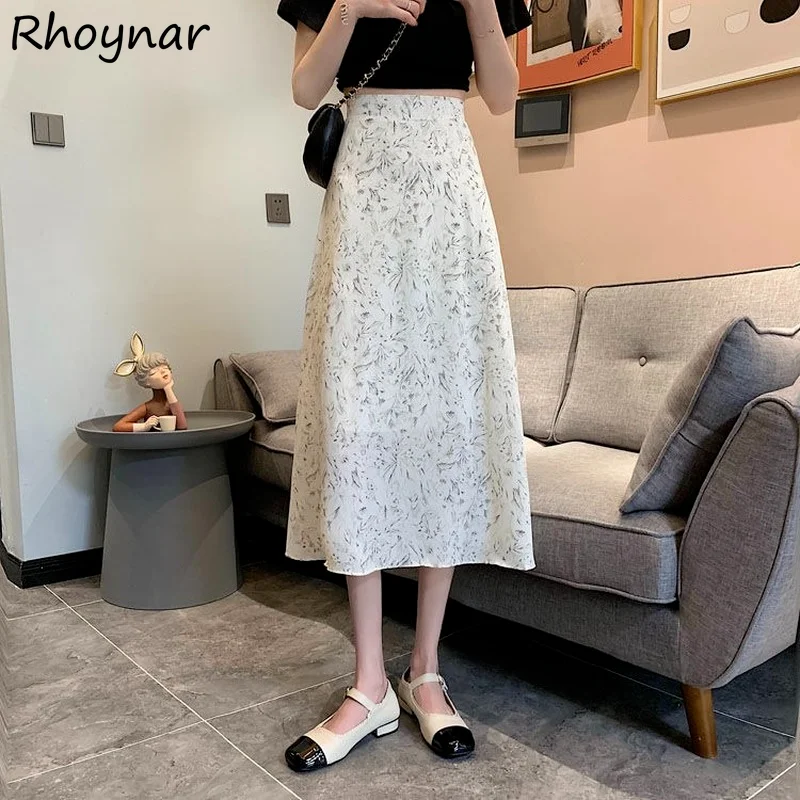 

Skirts Women Chiffon Empire Mid-calf Print Temperament Summer All-match Casual Hot Sale Korean Style Retro Tender Vacation Soft