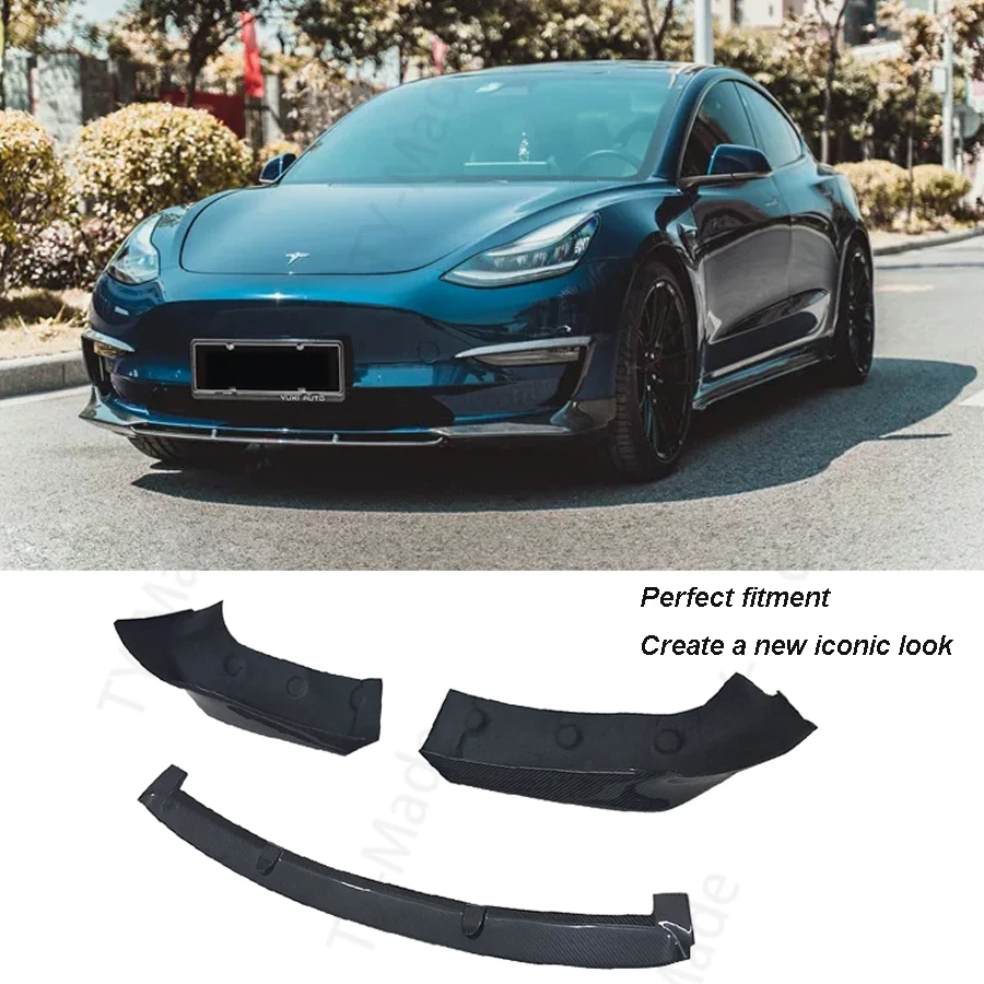 3 PCS Carbon Fiber Front Bumper Chin Lip Splitters Protector for Tesla Model 3 2017 2018 2019 2020 2021 Front Bumper Lip Spoiler