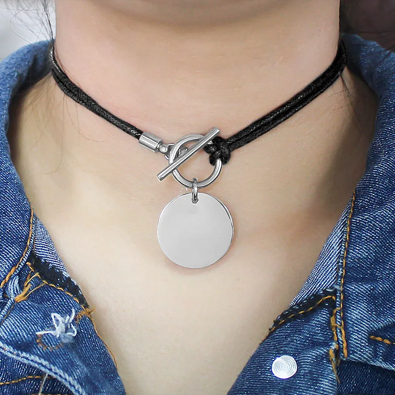 Women Genuine Leather Wax Cord Choker Necklace Stainless Steel Round Pendant Necklace Silver Color Lock Customed Name Necklace