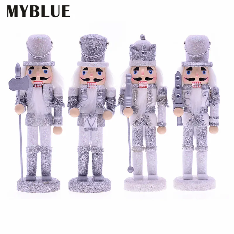 MYBLUE 4Pcs/Set 24cm Wooden Shining Sliver Soilder Nutcracker Sculpture Figurine Christmas Ornaments Home Room Decor Accessories