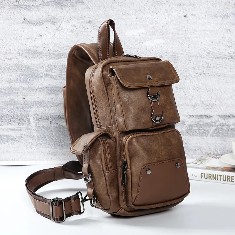 Luxury Fashion Men\'s Chest Bags Leather Shoulder Bags Mens Cross Body Chest Bags Men Multi-pocket Travel Sling Shoulder Bags