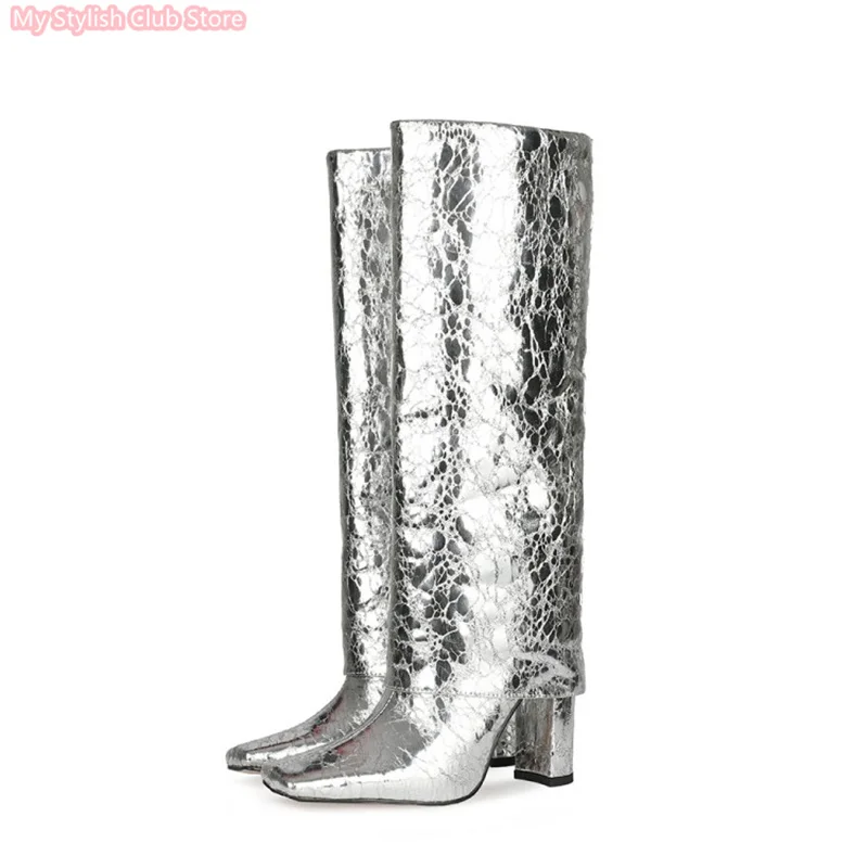 Fashion Explosion Silver Morden Boots Women Square Toe  Knee High Boots Bling Bling Glitter Boots 11Cm  Autumn Winter Fur Boots