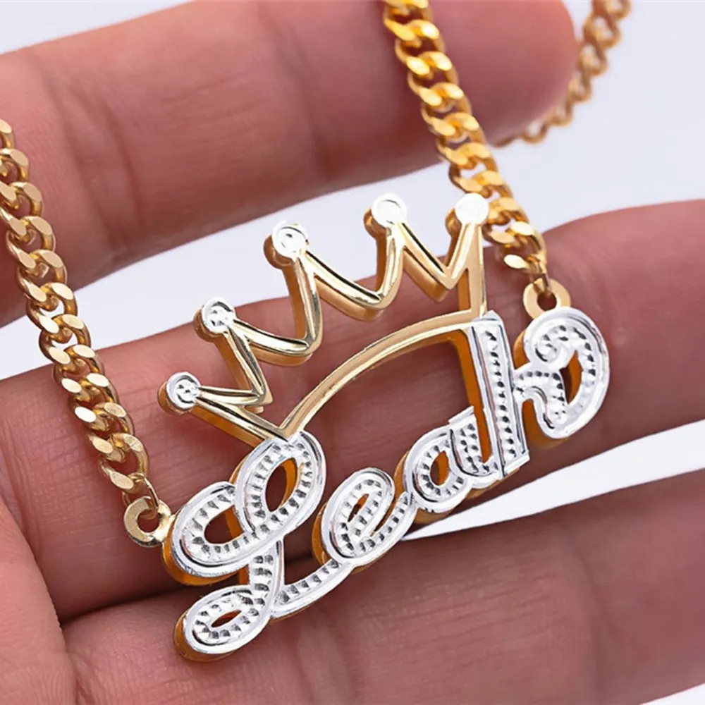 AurolaCo Custom Name Necklace with Crown Stainless Steel Nameplate Necklace 3D Name Crown Pendant for Women Men Jewelry Gifts