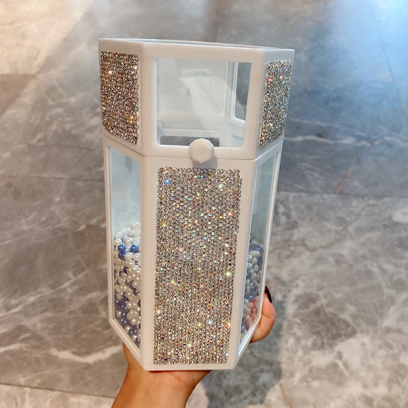 Secchio portaoggetti antipolvere con coperchio, perle, grande capacità, espositore per gioielli da trucco con strass per Organizer da tavolo