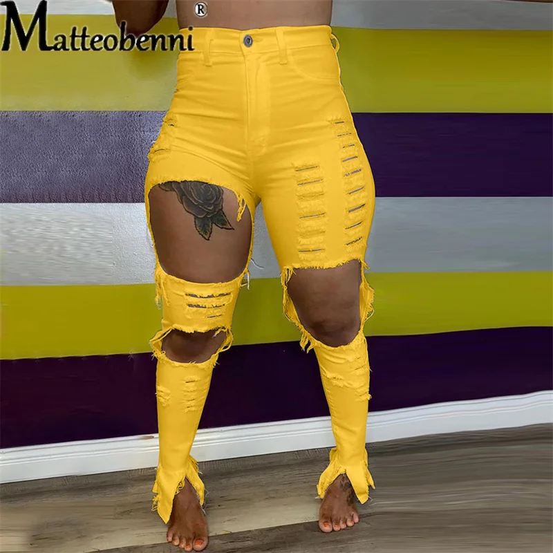 Pantalones vaqueros rasgados de cintura alta para mujer, ropa de calle elástica, color amarillo y rojo