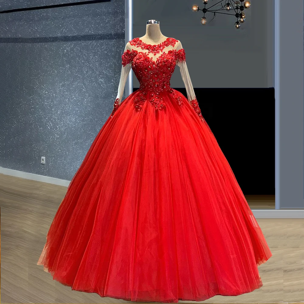 Rhinestones ลูกปัดชุดสีแดง Quinceanera ชุด Illusion แขนยาว Vestidos De Quinceañera Vestidos De 15ปีที่ผ่านมา