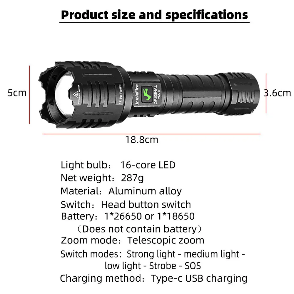 XHP160 Most Powerful Flashlight 16-core Light Brightest Lantern Zoomable 26650 Camping USB Rechargeable Tactical Hunting Torch