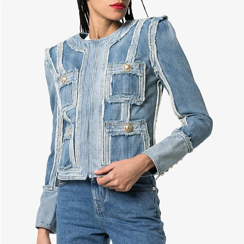 

Female Denim Women's Jacket New Casual Personality Tassel Edge Stitching Metal Button Womens Denim Jackets Autumn Clothing