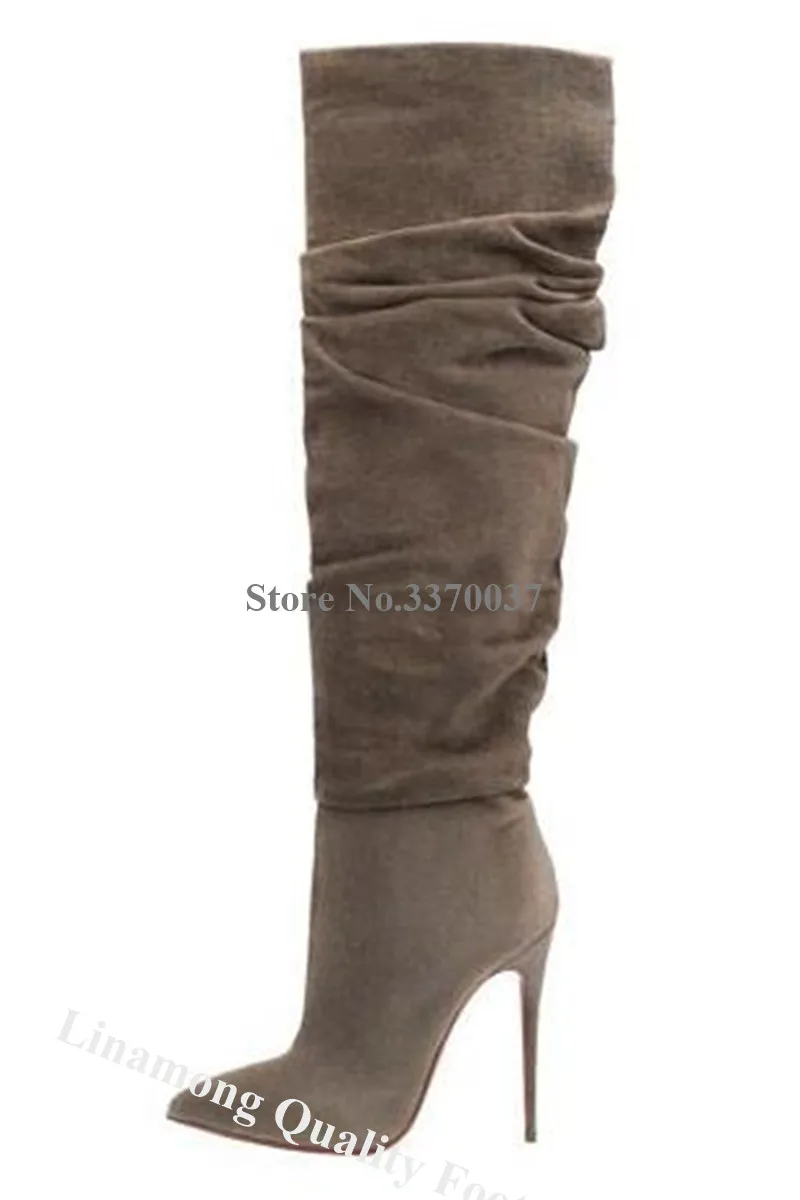 

Linamong Sexy Pointed Toe Suede Leather Stiletto Heel Knee High Boots Side Zipper-up Long High Heel Boots Dress Heels Shoes