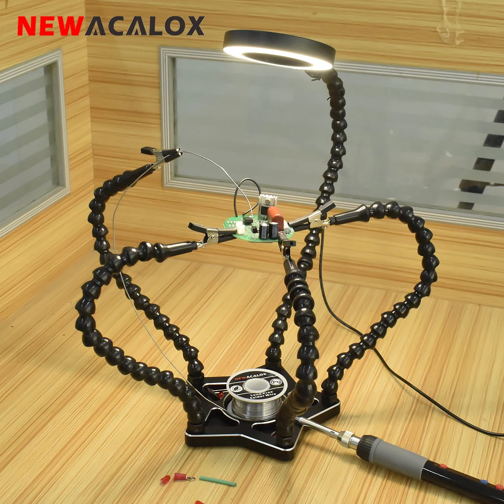 NEWACALOX Soldering PCB Holder 5Pcs Flexible Helping Hands 3X USB Magnifying Glass Table Lamp Soldering Station DIY Welding Tool