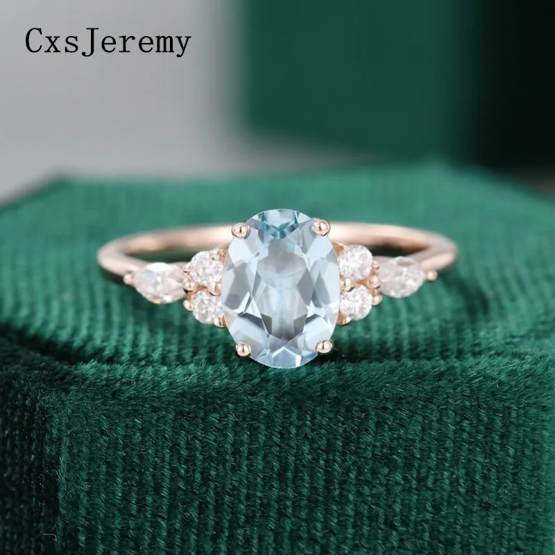 

CxsJeremy Solid 14K Au585 Rose Gold 1.5ctw 6*8mm Oval Cut Natural Aquamarine Engagement Ring Vintage Moissanite Wedding Rings